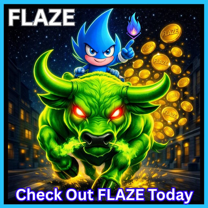 A vibrant promotional poster for 'FLAZE' features a blue flame-headed cartoon character riding a charging green bull with glowing red eyes, surrounded by golden FLAZE coins against a starry city backdrop, with the text 'Check Out FLAZE Today.'