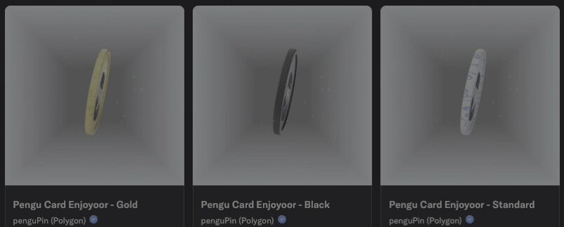This image showcases three different types of coins displayed against a dark blue background. The coin collection consists of a gold, black, and silver version with varying colors that add visual appeal to the display. The post appears to be advertising these coins for PENGU card users, possibly for claim purposes or as part of a rewards program.