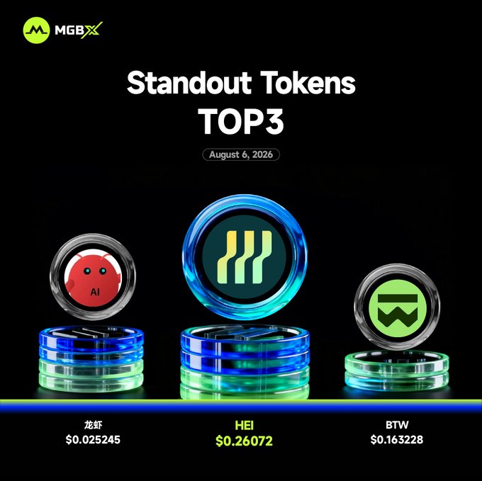 A promotional graphic from MGBX showcasing its "Standout Tokens TOP 3" for August 6, 2026, featuring three cryptocurrency tokens displayed on stacked coin podiums: 龙虾 ($0.025245), HEI ($0.26072) as the highlighted top performer, and BTW ($0.163228), corresponding to the post's market highlights.