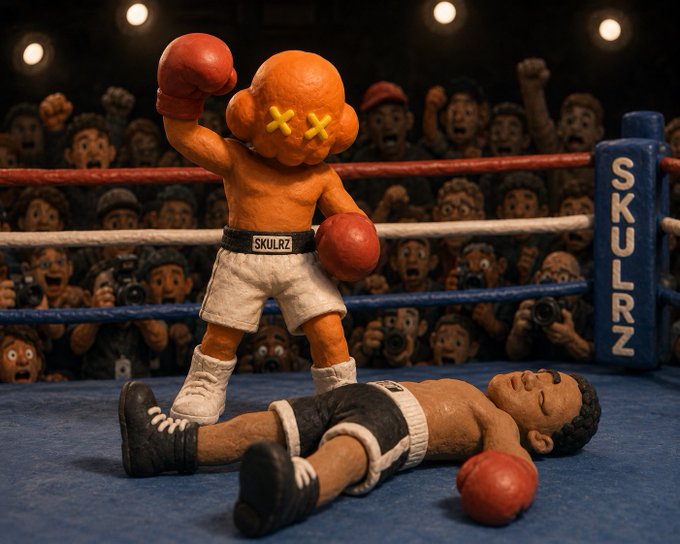A stop-motion style claymation scene showing an orange pumpkin-headed boxer with X eyes wearing 'SKULRZ' shorts standing victorious over a defeated opponent in a boxing ring, with a cheering crowd in the background and a 'SKULRZ' corner post.