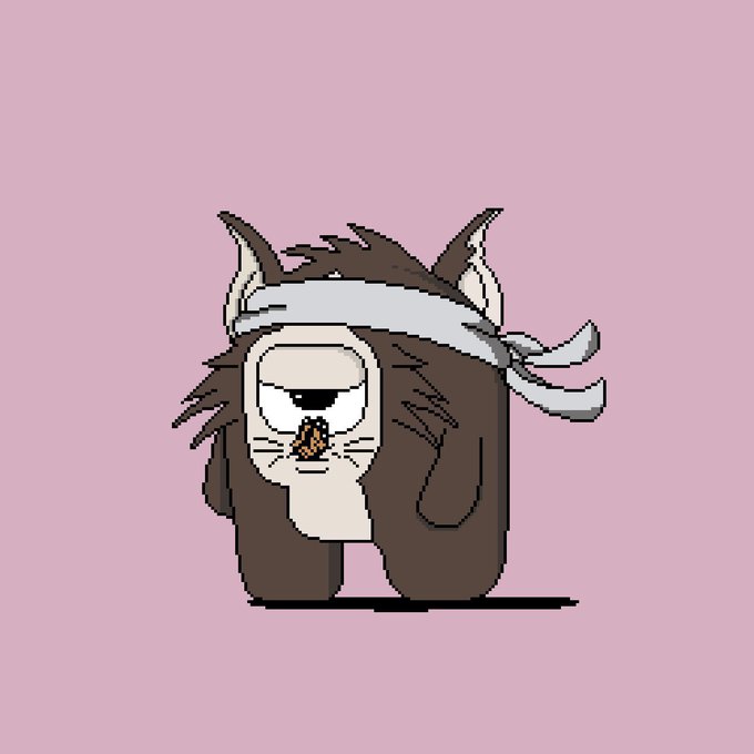 A cartoon illustration of a shaggy brown creature, possibly a Bigfoot or Yeti, wearing a white headband and holding what appears to be a small cookie or treat in its mouth, set against a pink background.