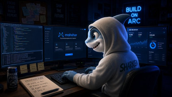 An animated shark mascot wearing a hoodie labeled 'SHARKEN' works at a multi-monitor computer setup displaying 'mahsator' and 'ARC Blockchain' interfaces, with sticky notes and a 'Shark Fuel' energy drink nearby.