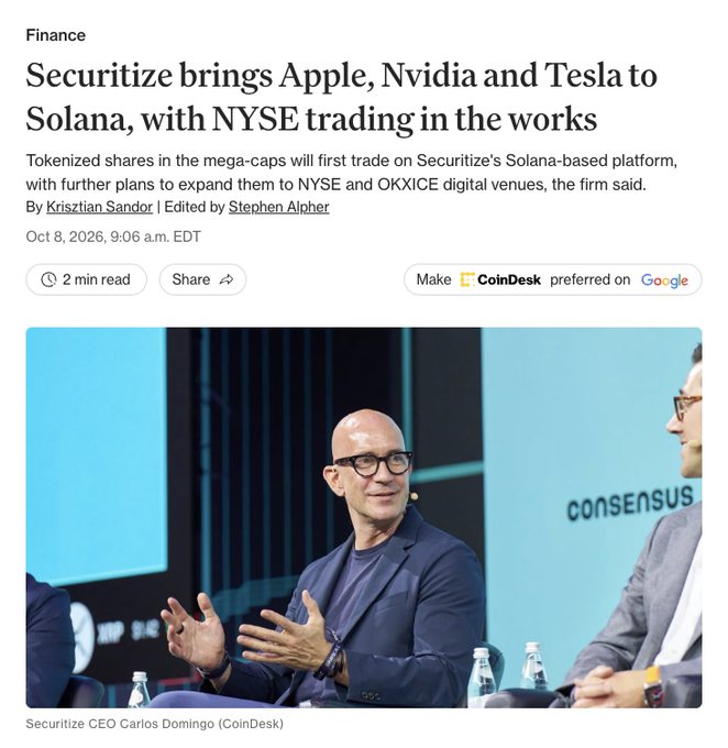 A CoinDesk Finance article from October 8, 2026, headlined "Securitize brings Apple, Nvidia and Tesla to Solana, with NYSE trading in the works," features a photo of Securitize CEO Carlos Domingo speaking at the Consensus conference, which relates to the announcement that Securitize is tokenizing 12 U.S. stocks including Apple, Nvidia, Tesla, and Microsoft on the Solana blockchain with one-for-one share backing and shareholder rights preserved.