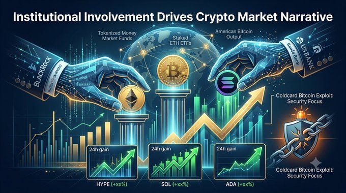 A crypto-themed infographic titled 'Institutional Involvement Drives Crypto Market Narrative' featuring hands holding coins, a Bitcoin on a pedestal, logos for BlackRock, USDM, and Staked ETH ETFs, and 24h gain charts for HYPE, SOL, and ADA, plus a Coldcard Bitcoin Exploit: Security Focus section.