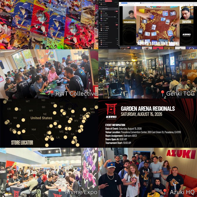 A collage of six images showcasing Azuki's presence at various events and locations, including online streams, RWT Collective, Genki TCG, a U.S. store locator map, Anime Expo, and Azuki HQ, with promotional text for the 'GARDEN ARENA REGIONALS' event on Saturday, August 15, 2026 at Pasadena Convention Center, with doors opening at 8:00 AM and tournament start at 10:00 AM.