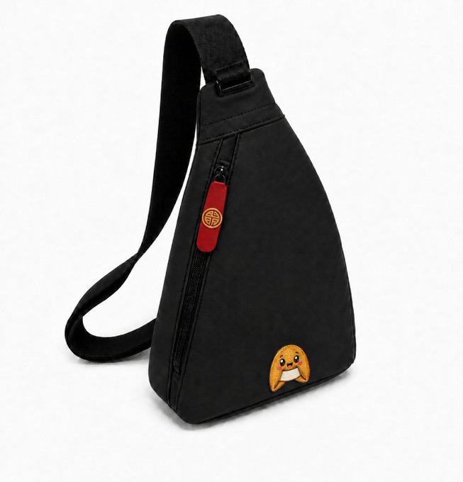 A black triangular crossbody sling bag featuring a small orange dumpling mascot patch and a red Chinese knot zipper pull, photographed against a white background.