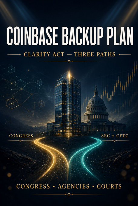 A promotional graphic titled 'COINBASE BACKUP PLAN' with 'CLARITY ACT — THREE PATHS' subtitle, depicting a skyscraper and the U.S. Capitol building with glowing paths leading to 'CONGRESS' and 'SEC + CFTC', and the tagline 'CONGRESS • AGENCIES • COURTS'.