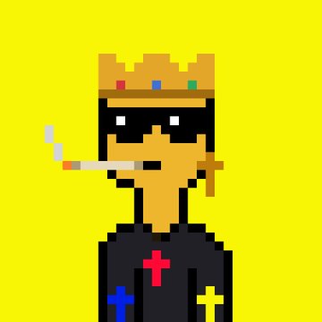 Pixel art image of a figure wearing a crown and sunglasses with a cigarette, against a bright yellow background.