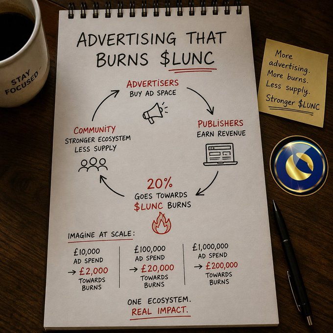 A handwritten notepad titled "ADVERTISING THAT BURNS $LUNC" illustrates a cycle where advertisers buy ad space, publishers earn revenue, 20% goes toward $LUNC burns, and the community benefits from a stronger ecosystem with less supply. The image, featuring a "$LUNC" token, a "Stay Focused" mug, and a sticky note reading "More advertising. More burns. Less supply. Stronger $LUNC," promotes crypto utility but does not directly address the post's question about a WooCommerce payment gateway for accepting $LUNC and $USTC in e-commerce.