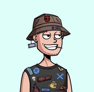 A cartoon character wears a bucket hat labeled "RIP" and a patch-covered vest featuring "YOU R ME" and "EXIT," with a dead emoji and skull design, visually capturing the "I'm done with NFTs but still checking OpenSea" identity crisis referenced in the post.