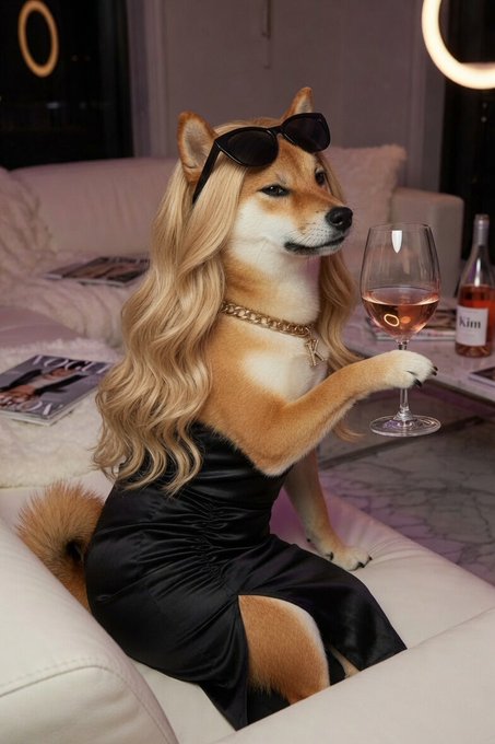 The image features a dog wearing sunglasses, a black dress, and holding a wine glass with pink liquid inside. The background includes a couch and some books. There's also an accompanying text that reads "Me trying to get accepted into the $DOG community." This suggests that the photo might be related to a social media post or a promotional campaign for a dog-related product or service, aiming to attract attention and engage with potential customers by showcasing the dog dressed in fashionable attire.

The main focus of the image is on the dog's stylish appearance and its interaction with the wine glass, creating an interesting and eye-catching scene that could potentially draw interest from viewers who are fans of dogs or appreciate unique and creative content related to pets.