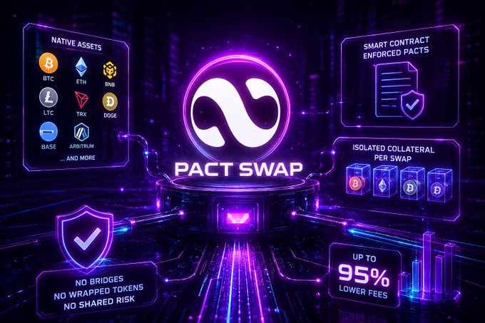 Promotional graphic for "PACT SWAP" featuring a glowing purple infinity logo, highlighting "NATIVE ASSETS" (BTC, ETH, BNB, LTC, TRX, DOGE, BASE, ARBITRUM), "SMART CONTRACT ENFORCED PACTS", "ISOLATED COLLATERAL PER SWAP", and "UP TO 95% LOWER FEES".