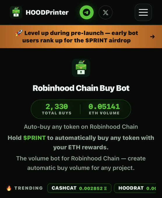A promotional page for 'HOODPrinter,' a Robinhood Chain Buy Bot showing 2,330 total buys and 0.05141 ETH volume.