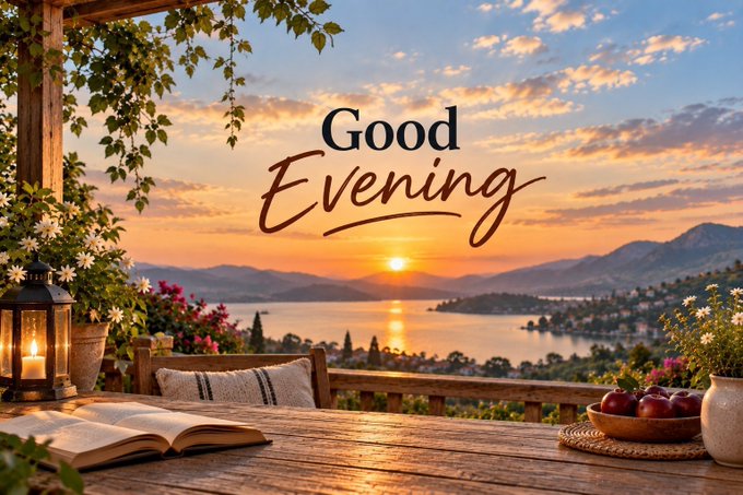 A scenic sunset over a coastal landscape with the text 'Good Evening' overlaid, viewed from a patio with an open book and lantern.