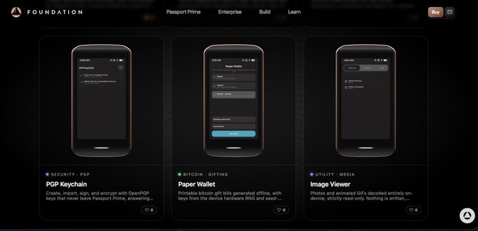 The Foundation website showcasing three hardware cryptocurrency wallet features: PGP Keychain, Paper Wallet, and Image Viewer, with the 'Buy' button highlighted.