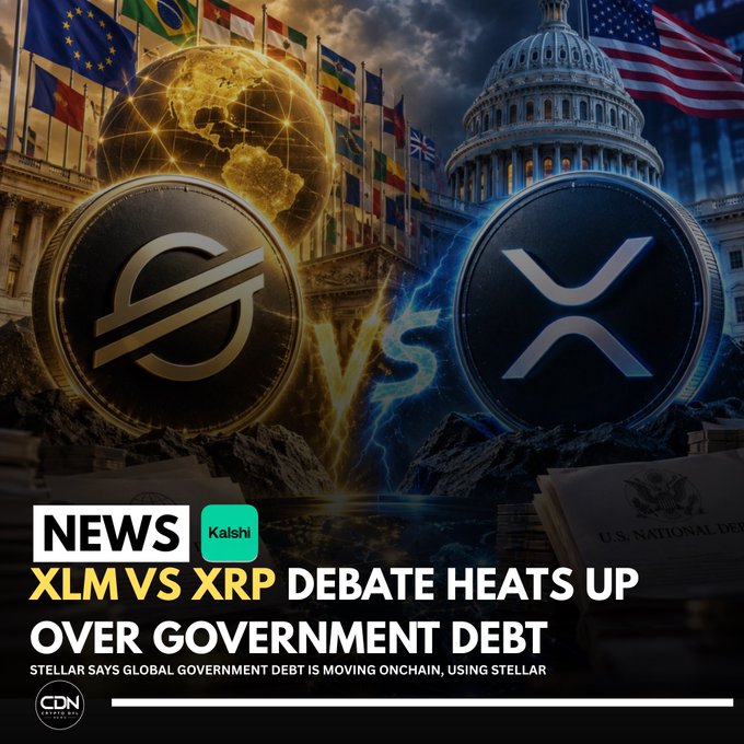 A dramatic graphic depicting a showdown between Stellar (XLM) and XRP (XRP) coins, set against a backdrop of global flags, the U.S. Capitol, and a glowing globe, with the headline "XLM VS XRP DEBATE HEATS UP OVER GOVERNMENT DEBT" and a subheading noting Stellar's claim that global government debt is moving onchain using Stellar, tied to the accompanying post about the $490 million in tokenized non-U.S. sovereign debt on Stellar.