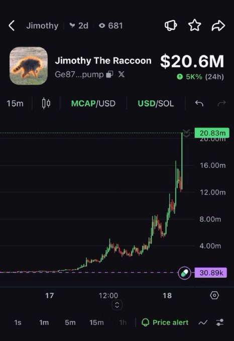 A mobile screenshot of the Jimothy The Raccoon ($Jimothy) token chart on a trading platform, showing a market cap of $20.6M with 681 viewers and 681 2-day volume, displaying a near-vertical 0-to-20m rally that visually backs the post's claim of "0 to 20m in a straight line."