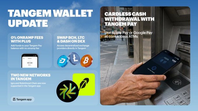 Tangem Wallet Update promotional graphic featuring 0% onramp fees with Tangem Pay, BCH/LTC/cash swaps on DEX, cardless cash withdrawal at contactless ATMs, and new Iyra and Robinhood Chain network support.