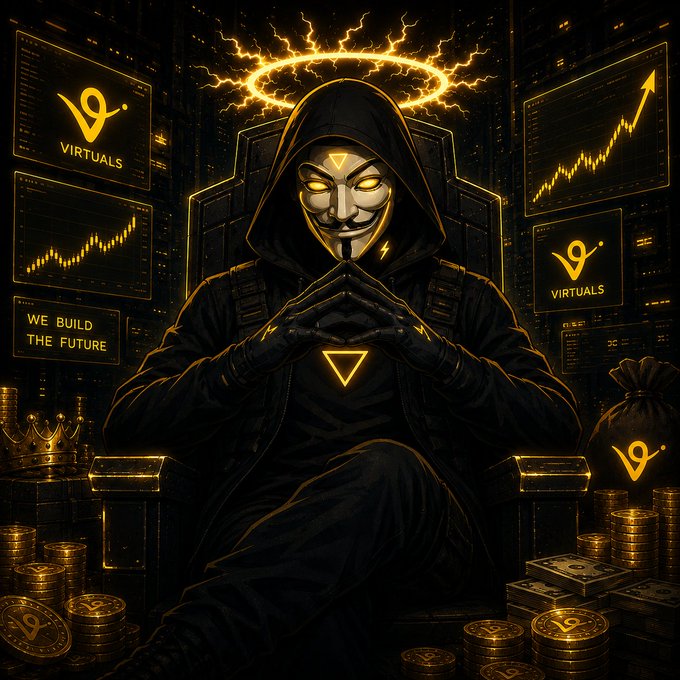 A dramatic illustration of a hooded figure wearing a Guy Fawkes mask sitting on a throne surrounded by gold coins and money bags, with 'VIRTUALS' branding and charts in the background.