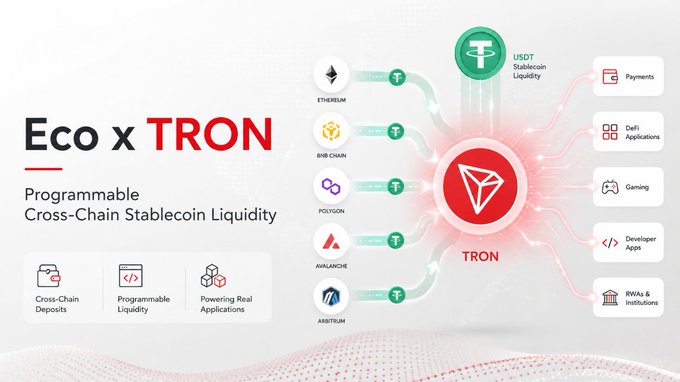 A promotional graphic titled 'Eco x TRON: Programmable Cross-Chain Stablecoin Liquidity' showing USDT liquidity flowing from multiple chains (Ethereum, BNB Chain, Polygon, Avalanche, Arbitrum) into the TRON network for use in payments, DeFi applications, gaming, developer apps, and RWAs & institutions.