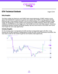 An 'ETH Technical Outlook' document from August 21st discussing daily thoughts on Ethereum and ETHBTC technicals, including a price chart with technical analysis indicators.