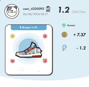 A digital trading card displays a sneaker NFT labeled "Jogger Lv30" with 1.2 GMT/Min earnings, a +7.37 GST balance, and a -1.2 energy cost for user "user_4320092." The card ties into the post about STEPN, illustrating the game's move-to-earn NFT sneaker economy while the author deals with sudden heavy rain.