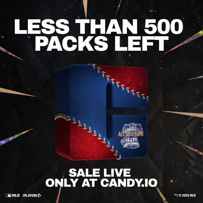 A promotional graphic for 'ALL-STAR GAME ICONS' showing a blue and red baseball glove-shaped item, with text 'LESS THAN 500 PACKS LEFT' and 'SALE LIVE ONLY AT CANDY.IO', plus MLB and MLB Players logos.