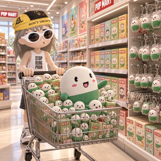 An anime-style chibi character wearing sunglasses and a 'DON'T TREAD ON ME' cap pushes a shopping cart overflowing with POP MART plush toys inside a POP MART retail store.
