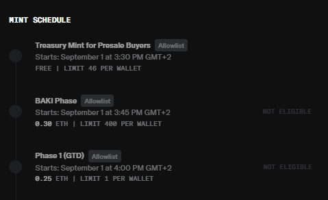 A screenshot of a 'MINT SCHEDULE' showing three phases: 'Treasury Mint for Presale Buyers' (FREE, starts September 1st at 3:30 PM GMT+2), 'BAKI Phase' (0.30 ETH, starts 3:45 PM), and 'Phase 1 (GTD)' (0.25 ETH, starts 4:00 PM), with the latter two marked 'NOT ELIGIBLE'.