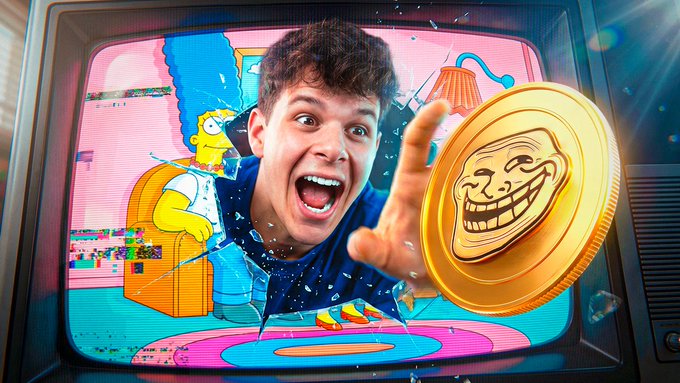 urn of gold coins, a man's hand holding a gold coin with a cartoon character face, and a cartoon character on the screen.
