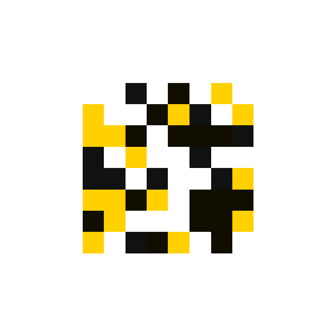 An abstract digital pattern composed of black, yellow, and white square pixels arranged in a roughly circular shape on a light gray background.