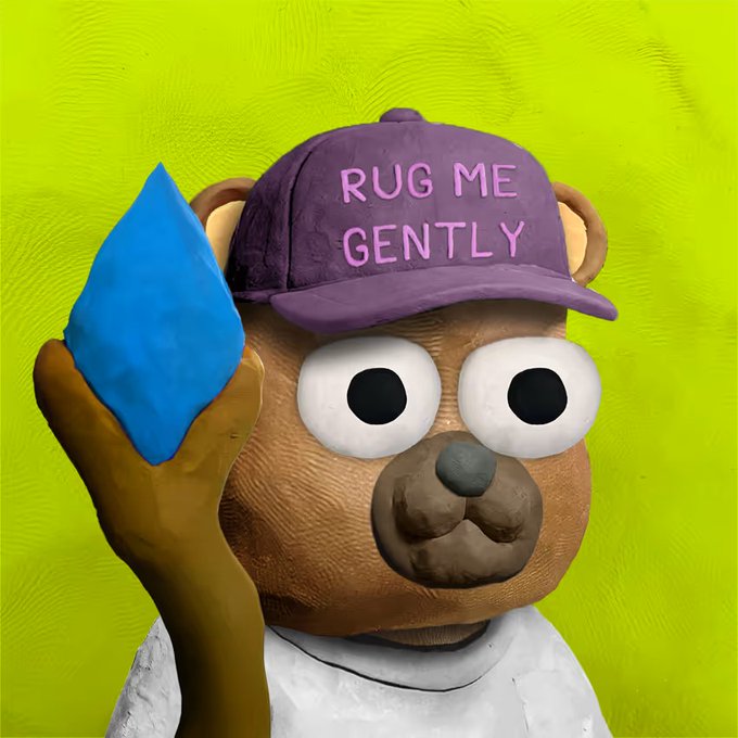 A claymation-style bear character wearing a purple hat reading 'RUG ME GENTLY' holds a blue diamond-shaped object against a neon green background.