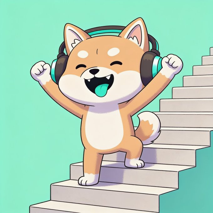 An enthusiastic cartoon Shiba Inu dog wearing headphones celebrates with raised paws while climbing a staircase, matching the post's message about Wuffi proudly counting a single flight of stairs as exercise.