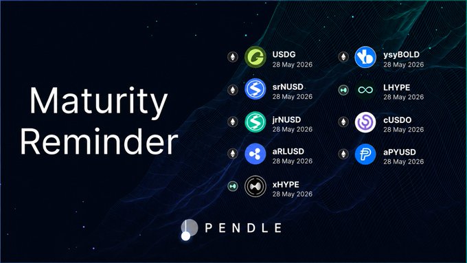 The image shows a poster with a dark blue background featuring a grid of twelve different cryptocurrency logos. The text "Maturation reminder" is written at the top, and below that, there are descriptions for each of the twelve logos. The bottom part of the poster displays the date "28 May 2026", indicating when the maturity reminders will be sent out.