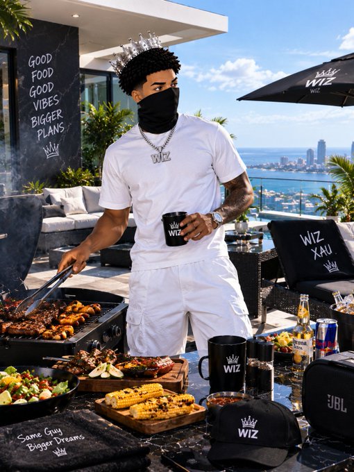A man wearing a crown, face mask, and white 'WIZ' branded clothing grills food at an outdoor rooftop party with a coastal city view, surrounded by WIZ merchandise.