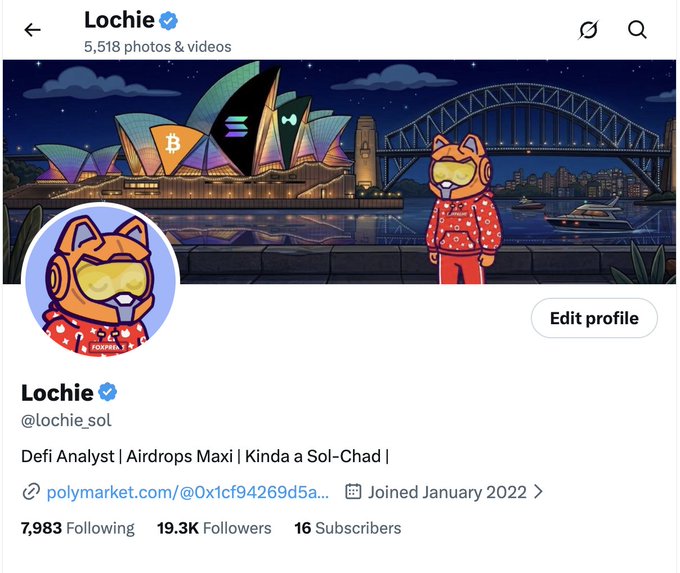 Twitter/X profile for 'Lochie' (@lochie_sol), described as 'Defi Analyst | Airdrops Maxi | Kinda a Sol-Chad', with 19.3K followers and crypto-themed profile art featuring the Sydney Opera House and Harbour Bridge.