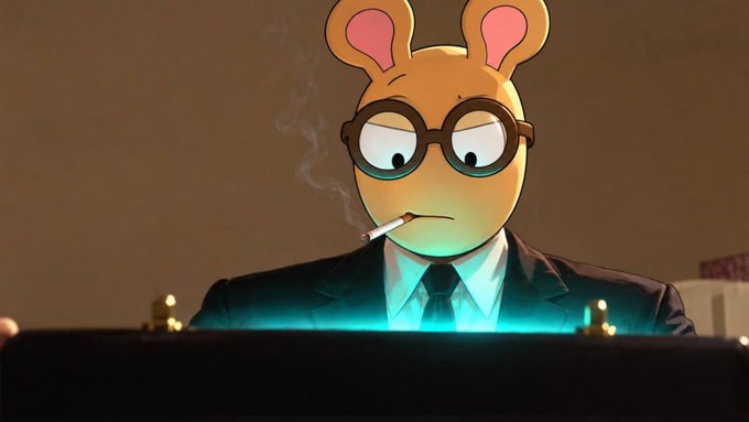 An anthropomorphic yellow bear wearing glasses and a suit smokes a cigarette at a desk illuminated by a blue glow. The image appears to be a stylized, ominous visual meant to evoke a serious or judgmental tone, likely unrelated to the contest announcement promoting a 50 USDT giveaway sponsored by @AntiJeetMeta.