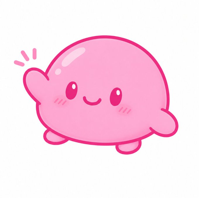 A cute pink cartoon blob character with a smiling face and small waving arm, drawn in a kawaii art style.