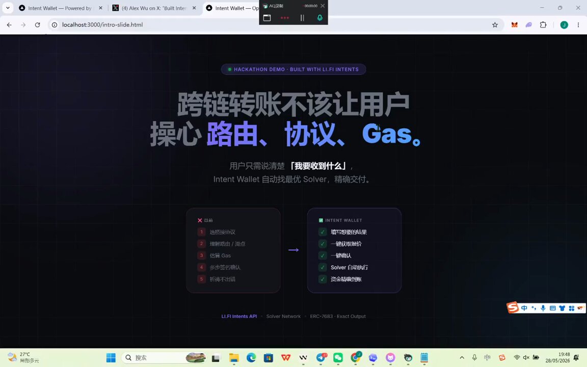 The image shows a computer screen displaying a website called "Gas.com" with Chinese characters. The text on the screen reads "Built intent wallet for the @lifiprotocol LI.FI Intents Mini Builder Challenge." This suggests that there is an ongoing challenge or competition related to wallets and lifecycles, possibly involving the use of Bitcoin or other cryptocurrencies.