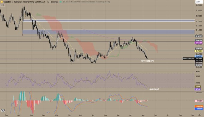 A TradingView chart of USELESS / TetherUS Perpetual Contract showing price action with key support marked and an 'oversold' RSI indicator.