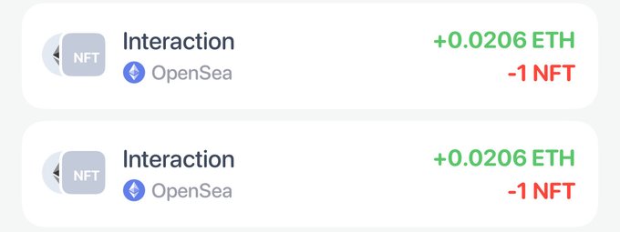 The image shows two lines of text, one above the other, with a gray background. The top line reads "Interaction" followed by "OpenSea", while the bottom line says "1.0Eth - 0.01eth". This suggests that there is some sort of interaction or exchange happening between two entities in the cryptocurrency world.