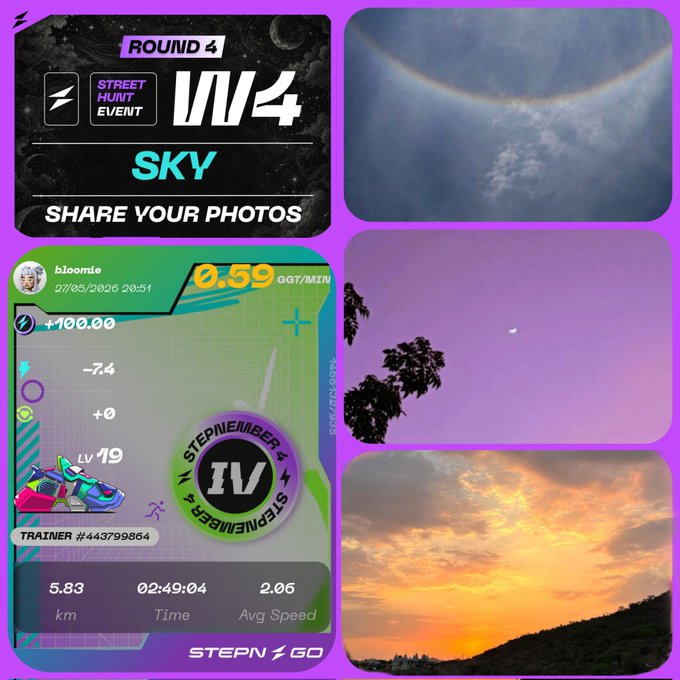 The image features a collage of six photos from different angles showcasing various aspects of nature at sunset. The main theme revolves around the sky, with numerous pictures capturing the beauty of sunrises, sunsets, clouds, and a stunning skyline view. Among these images are also some photographs that highlight the natural surroundings, such as trees and other elements in the environment.

In addition to the captivating visuals from nature, there is an accompanying post on social media about tracking steps during walks taken at different views around the city. The image includes the text "Nature looks up in #StreetHunt Round 4 Week 4 Theme: #Sky Every walk has a different view above ... (Sunrise, sunsets, clouds, skyline, blue skies, dreamy views...) -2000 $GMT is waiting @Stepnofficial 3". This post connects to the image by featuring a connection between nature and walking in an urban setting.