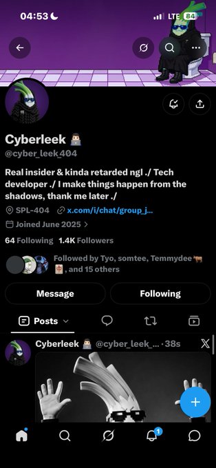 A screenshot of a Twitter/X profile for 'Cyberleek (@cyber_leek404)' describing themselves as a 'Real insider & kinda retarded ng/ Tech developer' with 1.4K followers.