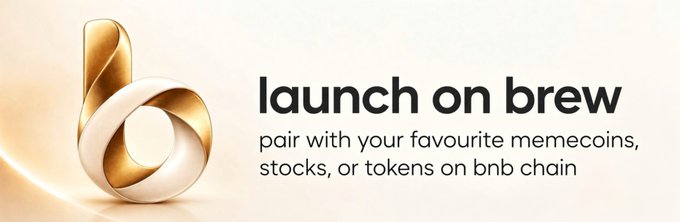 A promotional banner reading 'launch on brew' with the tagline 'pair with your favourite memecoins, stocks, or tokens on bnb chain,' featuring a gold ribbon logo.