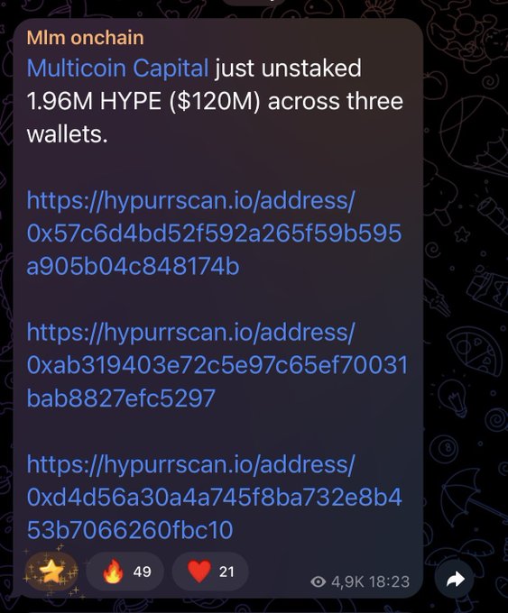A Telegram post titled "Mlm onchain" reports that Multicoin Capital unstaked 1.96M HYPE (~$120M) across three wallets, linking to the addresses on hypurrscan.io and garnering 4.9K views with 49🔥 and 21❤️ reactions. The post visually supports the accompanying note about Multicoin's HYPE token movement and their bullish/bearish price projections.