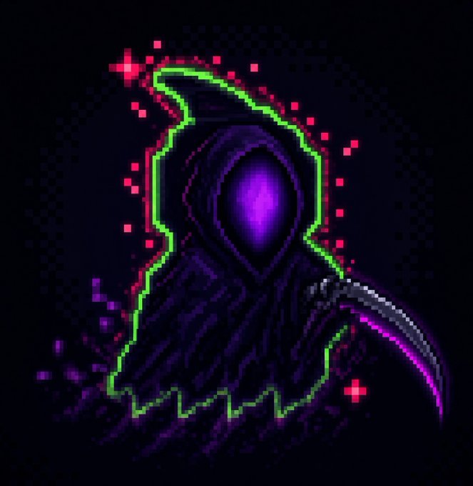 A pixel art illustration of a hooded grim reaper figure with a purple glowing face and a scythe, outlined in neon green with red particle effects on a dark background.
