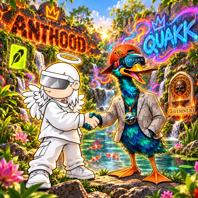 A vibrant digital illustration of a haloed angelic figure in white shaking hands with an anthropomorphic duck wearing a blazer and a "QUAKK" VR headset, with graffiti reading "ANTI HOOD" and "QUAKK" in a jungle/graveyard setting labeled "GRAVEMINT.IO".