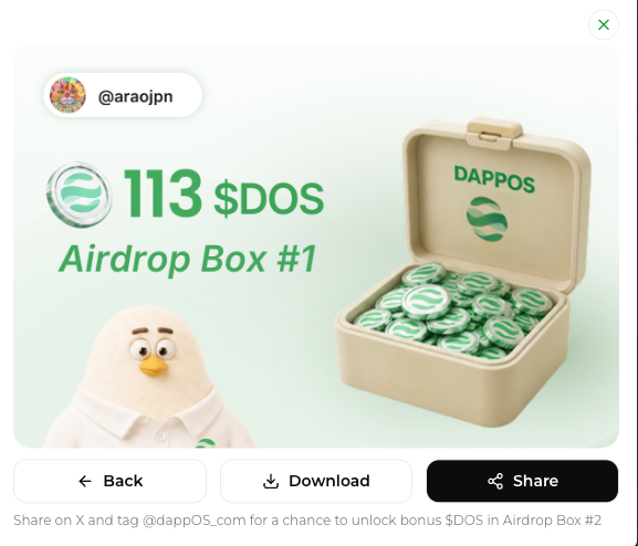 A DAPPOS airdrop promotion offering 113 $DOS coins in Airdrop Box #1 with Back, Download, and Share buttons.