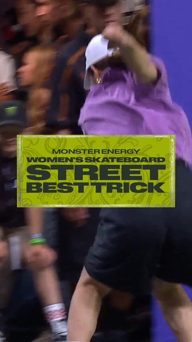 A skateboarder in a purple shirt celebrates with an enthusiastic crowd in the background, overlaid with a yellow banner reading "MONSTER ENERGY WOMEN'S SKATEBOARD STREET BEST TRICK," reflecting Yumeka Oda's silver medal-winning performance at the X Games League Championship in New Orleans.