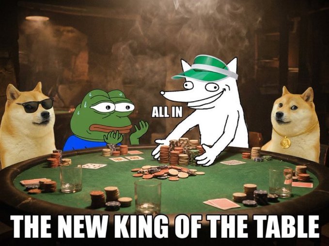 Meme image showing Doge, Pepe the Frog, and a 'Wojak' wolf character (labeled 'ALL IN') playing poker at a table with caption 'THE NEW KING OF THE TABLE'.